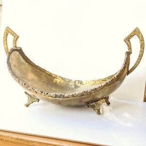 Large Vintage Brass Decorative Bowl with Handles Hench En‎ Mexico Scroll Handles